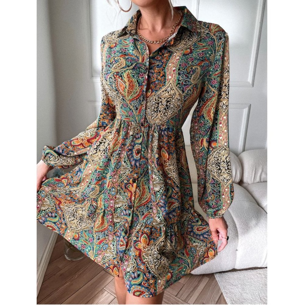 *RESTOCK* Boho Paisley Print Lantern Sleeve Ruffle Hem Dress